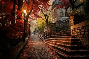 ein szenisch Stein Treppe Pfad im Montmartre, Paris, inmitten beschwingt Herbst Laub ai generiert foto