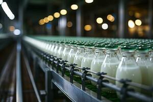 Förderer System Transporte Milch Flaschen im das Molkerei wird bearbeitet Pflanze ai generiert foto