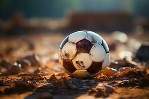 Nahaufnahme, Fußball Ball ruht auf texturiert Feld, bereit zum das Nächster berauschend abspielen ai generiert foto