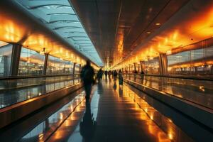 beschäftigt Flughafen Szene zwei ziehen um Gehwege tragen Menschen nach vorne im ein verwischen ai generiert foto