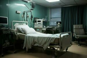 ein unbesetzt Krankenhaus Zimmer enthält ein einsam Bett, leer von Mensch Gegenwart. ai generiert foto
