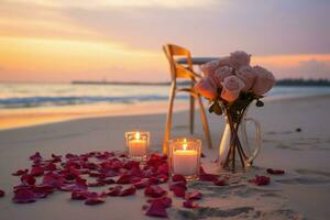 Erfahrung rein Romantik durch das Meer Kerzen, Blumen, Sonnenuntergang, und Liebe gefüllt Momente ai generiert foto