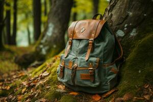 Rucksack in der Nähe von ein Baum, illustrieren das Wesen von ein Wald Wanderung ai generiert foto