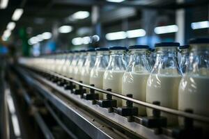 Förderer System Transporte Milch Flaschen im das Molkerei wird bearbeitet Pflanze ai generiert foto