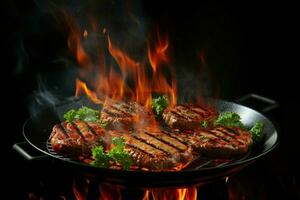 brutzelnd Rindfleisch Schnitzel im Wok Pfanne, Rauch und Feuer, gegen glatt schwarz Studio Hintergrund ai generiert foto