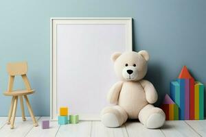 bunt Spielzeuge und ein Teddy Bär akzentuieren ein Weiß hölzern Frames leer Attrappe, Lehrmodell, Simulation ai generiert foto