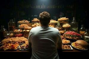 unklug Essen Rückseite Aussicht von Mann Herstellung ungesund Essen Entscheidungen, Hervorheben Diät Sorgen ai generiert foto