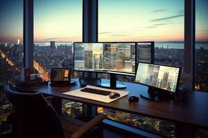 ein Seite Aussicht von ein Computer Schreibtisch im ein modern korporativ Büro ai generiert foto
