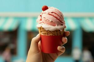 von über Hand Kupplungen ein Eis Sahne Tasse im ein hoch Winkel Perspektive ai generiert foto