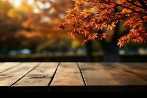 ein leeren hölzern Tabelle einstellen inmitten beschwingt Herbst Ahorn Baum Bokeh ai generiert foto