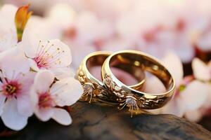 Hochzeit Ringe eingebettet inmitten Frühling Blüten, ein Symbol von ewig Liebe ai generiert foto