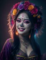 schön Frau mit gemalt Schädel auf ihr Gesicht zum Mexikos Tag von das tot, ai generativ foto