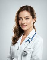 ai generativ, lächeln weiblich Arzt Porträt. Gesundheitswesen medizinisch und Medizin Konzept. foto