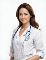 ai generativ, lächeln weiblich Arzt Porträt. Gesundheitswesen medizinisch und Medizin Konzept. foto