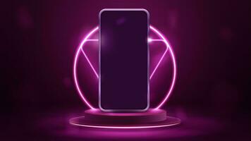 Smartphone auf Podium mit Rosa Neon- Ring und Dreieck Rahmen auf Hintergrund foto