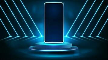 Smartphone auf Podium im leeren Blau Szene mit diagonal Blau Linie Neon- Lampen auf Hintergrund. Smartphone Attrappe, Lehrmodell, Simulation mit Neon- Elemente foto