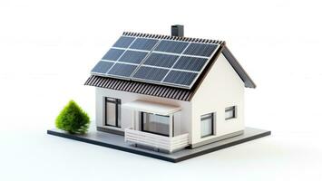 Miniatur Haus Modell- mit Solar- Panel auf Dach auf Weiß Hintergrund. Clever Zuhause Energie Speichern Konzept. generativ ai foto