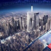 Dämmerung im ein futuristisch Stadt, Abend Metropole, Bild im Blau Töne, ai generiert foto