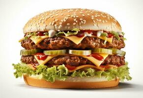 ai generativ doppelt Hamburger isoliert auf Weiß Hintergrund frisch Burger schnell Essen mit Rindfleisch und Sahne Käse realistisch Bild, Ultra hd, hoch Design sehr detailliert foto