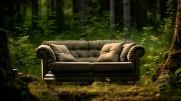 leeren Sofa im das Wald ai generiert foto