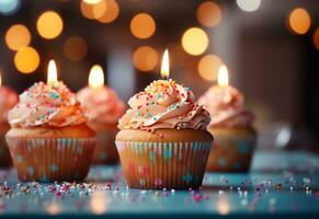 ai generativ Geburtstag Cupcakes mit verwischen Hintergrund bunt Luftballons realistisch Bild, Ultra hd, hoch Design sehr foto