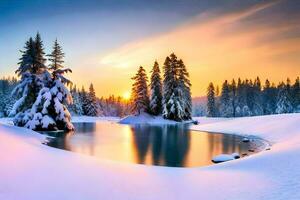 schön Aussicht von schneebedeckt Bäume im Winter ai generativ foto