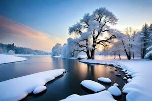 schön Aussicht von schneebedeckt Bäume im Winter ai generativ foto