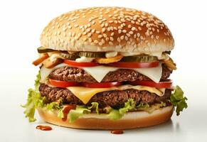 ai generativ doppelt Hamburger isoliert auf Weiß Hintergrund frisch Burger schnell Essen mit Rindfleisch und Sahne Käse realistisch Bild, Ultra hd, hoch Design sehr detailliert foto