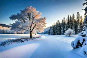 schön Aussicht von schneebedeckt Bäume im Winter ai generativ foto