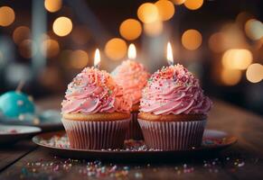 ai generativ Geburtstag Cupcakes mit verwischen Hintergrund bunt Luftballons realistisch Bild, Ultra hd, hoch Design sehr foto