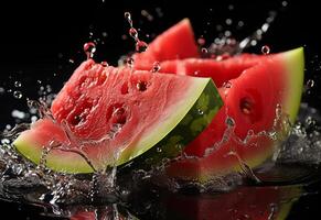 ai generativ Foto Wasser planschen auf geschnitten von Wassermelone