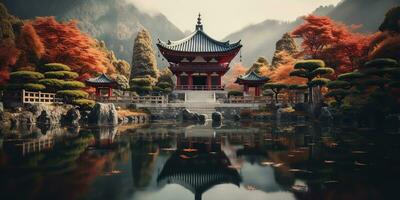 ai generiert. ai generativ. traditionell Geschichte asiatisch japanisch Chinesisch Tempel Gebäude Turm Garten Natur draussen Hintergrund. Grafik Kunst foto