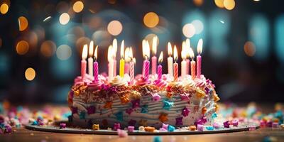 ai generiert. ai generativ. Geburtstag Party Kuchen Kuchen Hand gemacht gebacken Süss Wüste mit viele hell Kerzen. glücklich Spaß Stimmung. Grafik Kunst foto