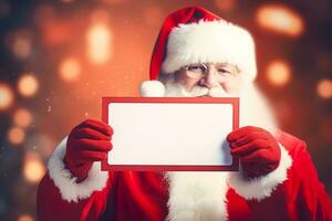 Santa's Hände halten leer Papier, festlich Atmosphäre. Kopieren Raum zum Ihre Text. Weihnachten Hintergrund mit leeren Raum. Santa Klaus. fröhlich Weihnachten, Neu Jahr. generativ ai. foto