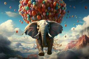 Elefant steigt an mit Ballon Gefährten, mischen Wirklichkeit und Fantasie im fesselnd Harmonie ai generiert foto