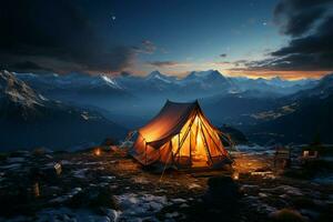 Berghang Zelt glühen im das still Abend oder früh Morgen ai generiert foto