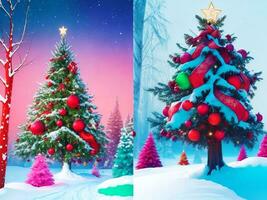beschwingt und festlich Weihnachten Karten mit schön dekoriert Bäume generativ ai foto