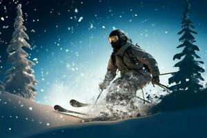 abenteuerlich Skifahrer navigiert durch ein Wald bedeckt im makellos Schnee ai generiert foto