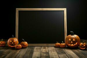 Tafel Anzeige mit Halloween Kürbisse, einstellen auf ein hölzern Fußboden ai generiert foto