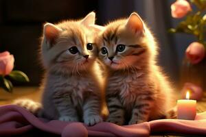 ein liebend Valentinsgrüße Tag Szene mit zwei bezaubernd Kätzchen im Umarmung ai generiert foto