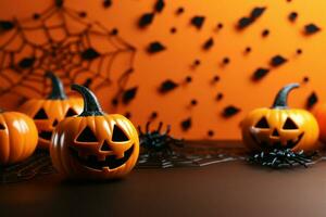 kreativ vereinbart worden Halloween Dekor auf ein Orange Papier Tabelle Hintergrund von über ai generiert foto