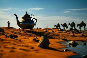 geerdet im Natur, ein Blau Kaffee Topf und Becher erwarten verwenden ai generiert foto