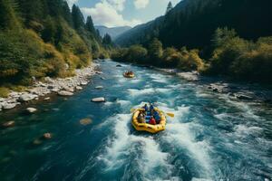 Rafting Nieder ein lebhaft Berg Fluss, ein Antenne Anzeige von Vitalität ai generiert foto