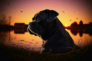 heiter Sonnenuntergang trifft Mops Hund Silhouette ein Digital Abbildungen Magie ai generiert foto