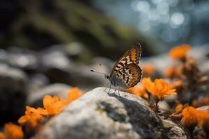 ein Schmetterling Sitzung auf oben von ein Felsen Nächster zu Blumen , generativ ai foto