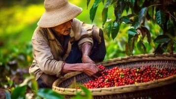 ein Frau pflücken Beeren von ein Busch, generativ ai foto