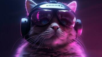 ein Katze tragen ein Paar von Kopfhörer und Brille ,generativ ai foto