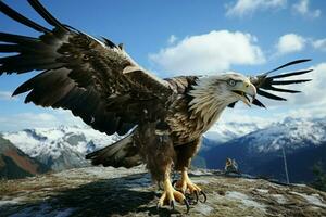 das Scheu inspirierend Sicht von ein majestätisch Adler hochfliegend im klar Himmel ai generiert foto