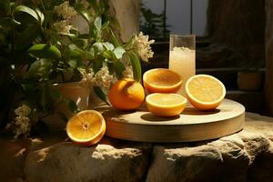 porös Stein Podium geschmückt mit Hautpflege, Orangen, perfekt Studio Präsentation mit Sonnenlicht ai generiert foto