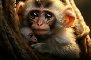 ein Mutter Affe liebevoll Wiegen ihr kostbar Kind im ihr Waffen ai generiert foto